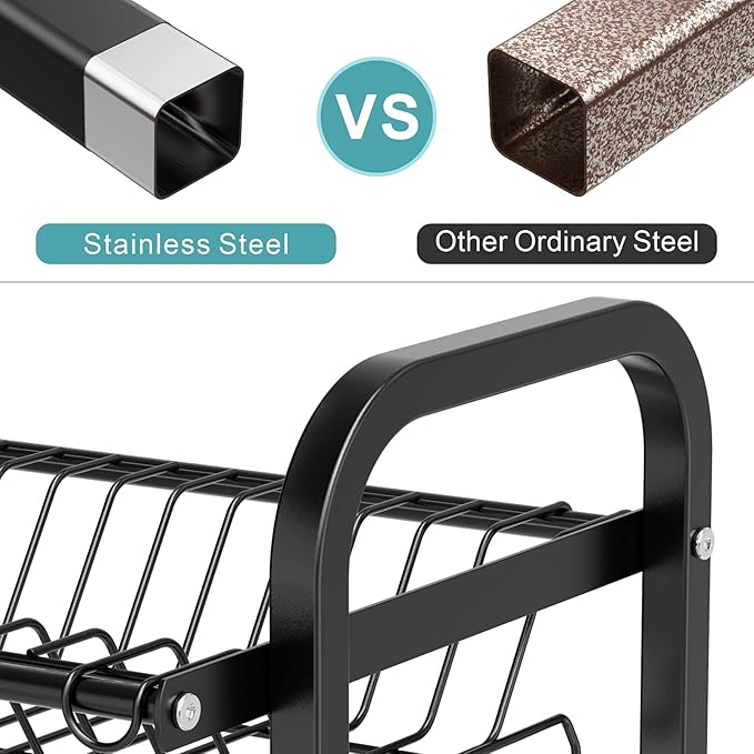 Dish Drying Rack - Warmfill 3 Tier Dish Rack Rustproof Stainless Steel Large Capacity with Utensil Holder, Cutting Board Holder and Dish Drain Rack for Kitchen Counter,Black