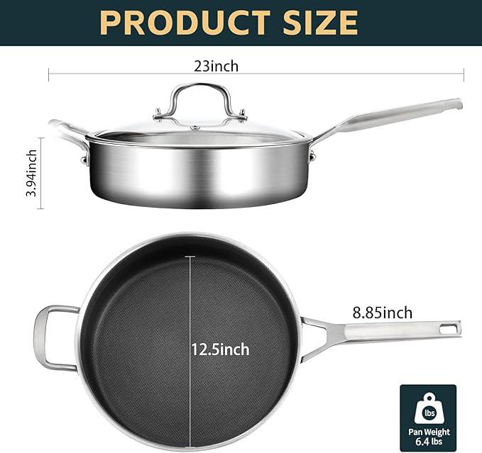 7 Quarts Saute Pan with Lids, Nonstick 12 Inch Deep Frying Pan, Tri-Ply Large Skillet with Lid with Stay Cool Handle, Dishwasher, Metal Utensil Safe, Suit for All Stove Up to 600℉ Compatible