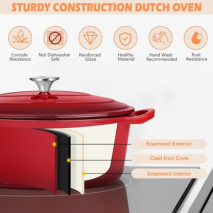 TeamFar Oval Dutch Oven, 5qt Enameled Cast Iron Dutch Oven Pot with Lid, For Bread Baking/Stewing/Braising/Frying, Suitable for Various Stoves, Dual Handles & Easy Cleanup, Red