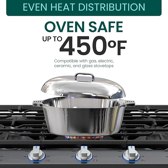 Cast Aluminum Oval Dutch Oven with Lid — 5 QT Heavy Duty Roaster Pan with Rack & Silicone Cover Dual Handles — Cajun Cookware for Roasting, Baking, Cooking (11" Small)