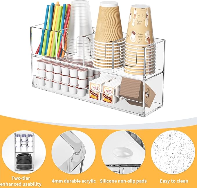 Coffee Condiment and Cup Organizer - 2-Tier Upright Cup and Lid Holder with Straw Organizer 5 Compartments Clear Acrylic Cup Dispenser for Restaurant Breakroom Coffee Station Countertop