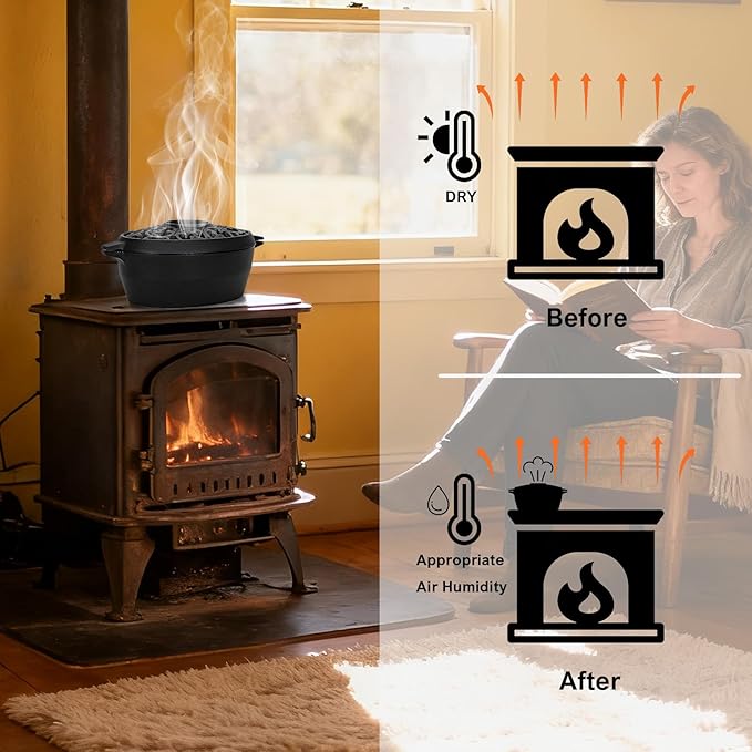 Wood Stove Steamer Humidifier, 2.5 Quart Cast Iron Pot with Porcelain Enamel Coating & Lattice Top, Rust Resistant, Decorative Humidifier for Fireplace, Home Indoor Use (Black)
