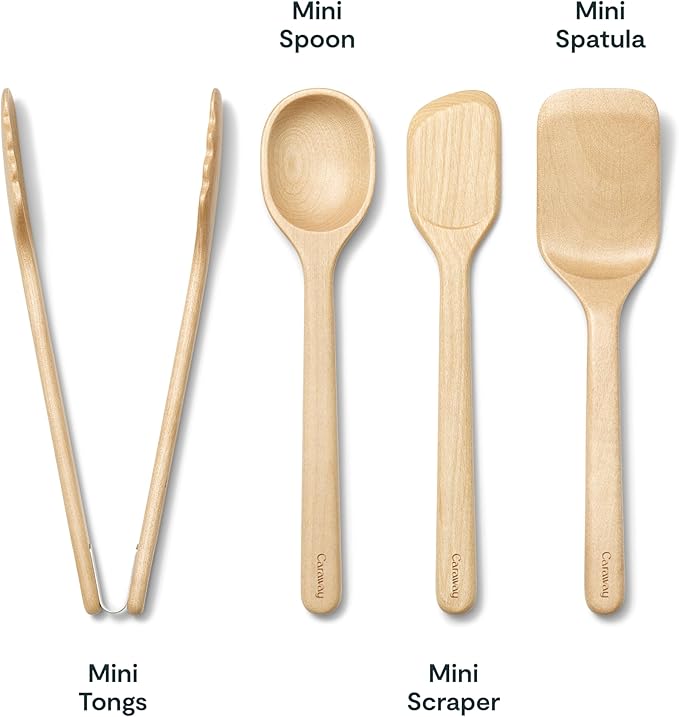 Caraway 4-Piece Mini Wooden Kitchen Utensils Set for Cooking, Serving, and Plating - Includes Mini Spoon, Scraper, Spatula, and Tongs