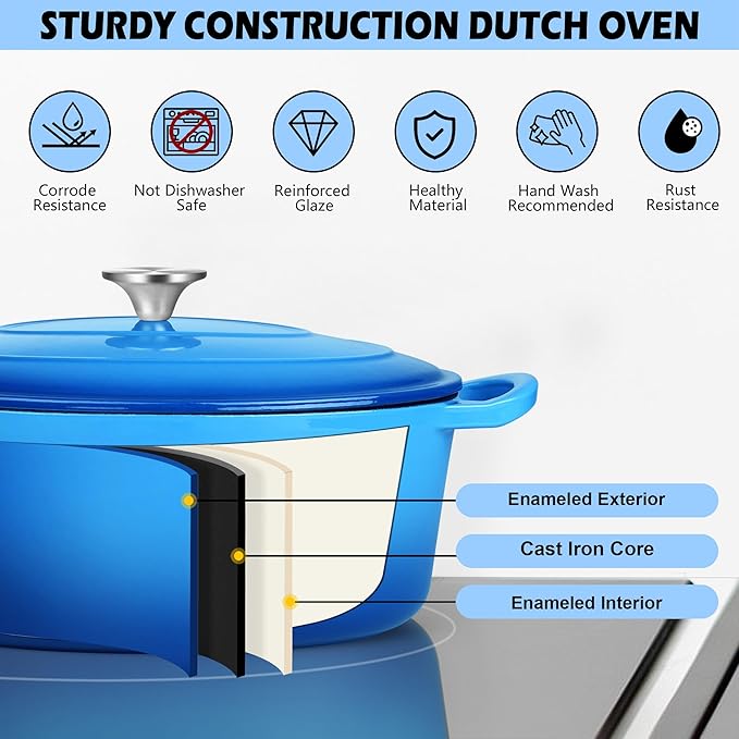 TeamFar Oval Dutch Oven, 5qt Enameled Cast Iron Dutch Oven Pot with Lid, For Bread Baking/Stewing/Braising/Frying, Suitable for Various Stoves, Dual Handles & Easy Cleanup, Blue