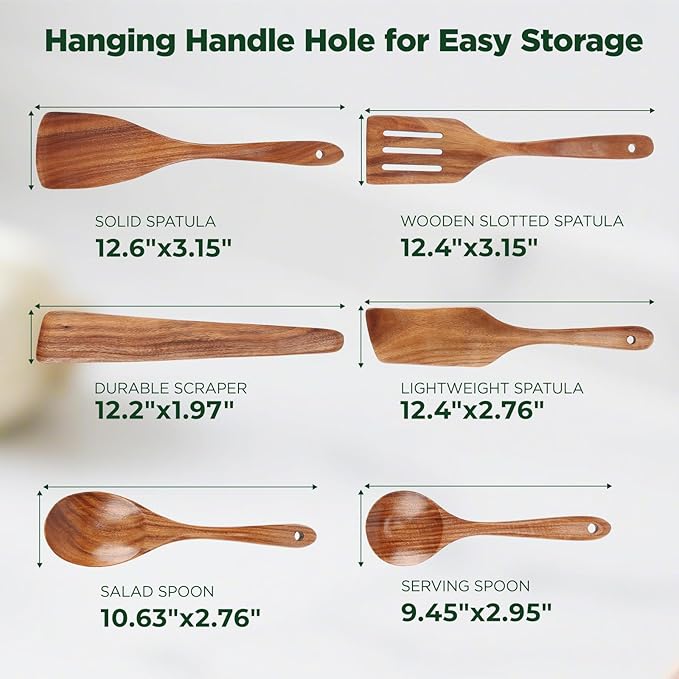 ANBUY Wooden Spoons for Cooking, 6Pcs Kitchen Utensils Set, Heat Resistant Flat Spatulas and Spoons Set for Nonstick Cookware, Smooth Finish, Comfortable Grip(6 Pcs)