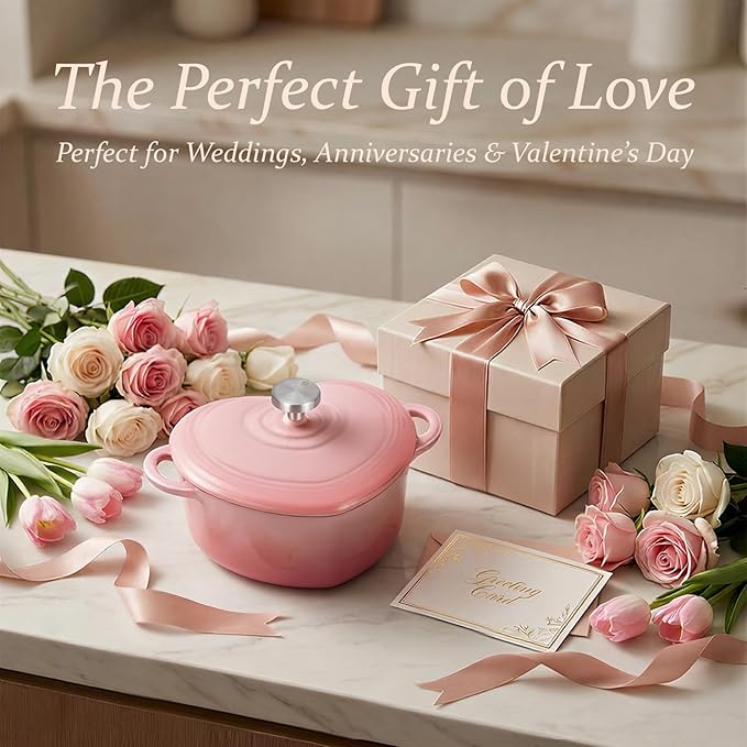 Overmont Enameled Cast Iron Dutch Oven - Heart-Shaped Pot with Lid Cookbook & Cotton Pot Holders - Mini Cookware Oven Safe to 500°F for Bread Baking Soups Stews - Great Gift for Birthday Wedding Housewarming 2QT Pink