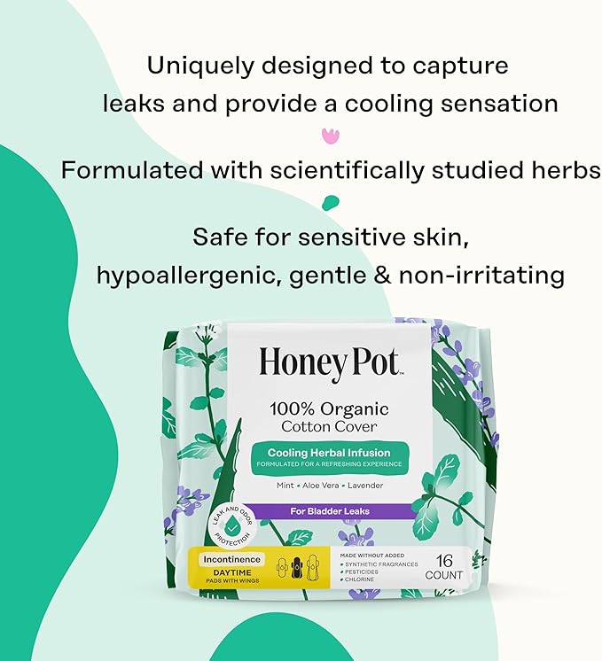 The Honey Pot Company - Herbal Pads for Women - Organic Incontinence Daytime w/Wings. Infused w/Essential Oils for Cooling Effect & Postpartum Essentials - Feminine Care - 16ct.