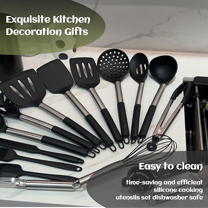 Kitchen Utensils Set Silicone Cooking, 40 Pcs Black Stainless Steel Metal, Spaghetti Spoon Cookware Utensils, Rubber Tools Nonstick Kitchenware Can Withstand Temperatures Up To 446°F, Dishwasher Safe