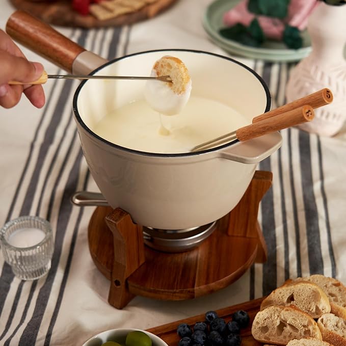 Twine Farmhouse Kitchen Enamel Cast Iron Set Cheese Melting Fondue Pot Metal Stainless Steel Forks and Wood Stand, Beige Set of 1