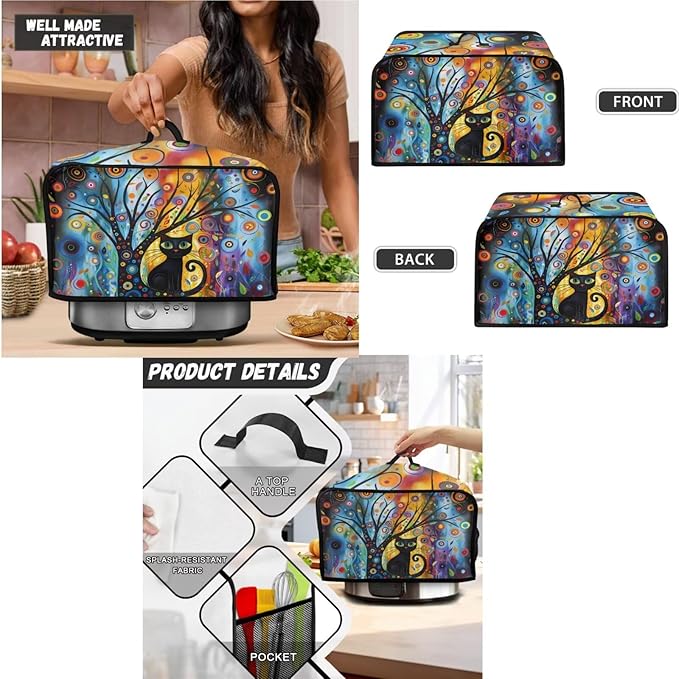 Modern Art Cat Slow Cooker Cover Toaster Covers Stand Mixer Cover Set of 3,Black Cat 4 Slice Toaster Cover Stain Resistant Blender Cover for Home Kitchen Decor (Blue)
