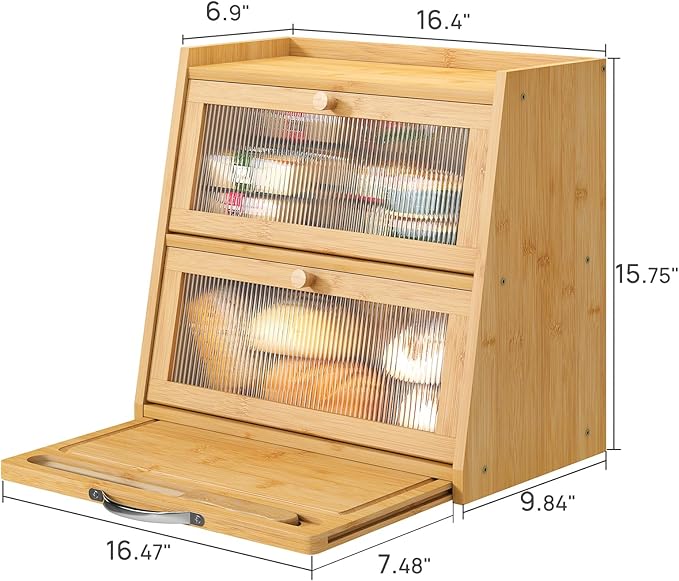 Large Bread Box for Kitchen Counter With Cutting Board, 2-Tier Bread Box, Bamboo Wood Large Capacity Bread Storage Bin with Acrylic Wavy Door Panel