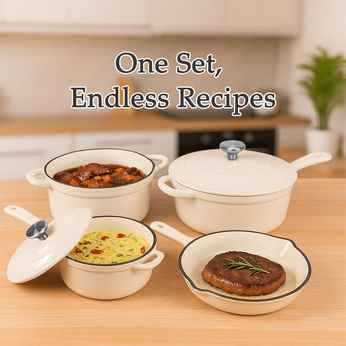 QuliMetal Nonstick Enameled Cast Iron Cookware Set, 4-Pcs Pots and Pans with Lid, Healthy Round Dutch Oven Pot for Sourdough Bread Baking, Oven Safe up to 500° F or on All Stovetop