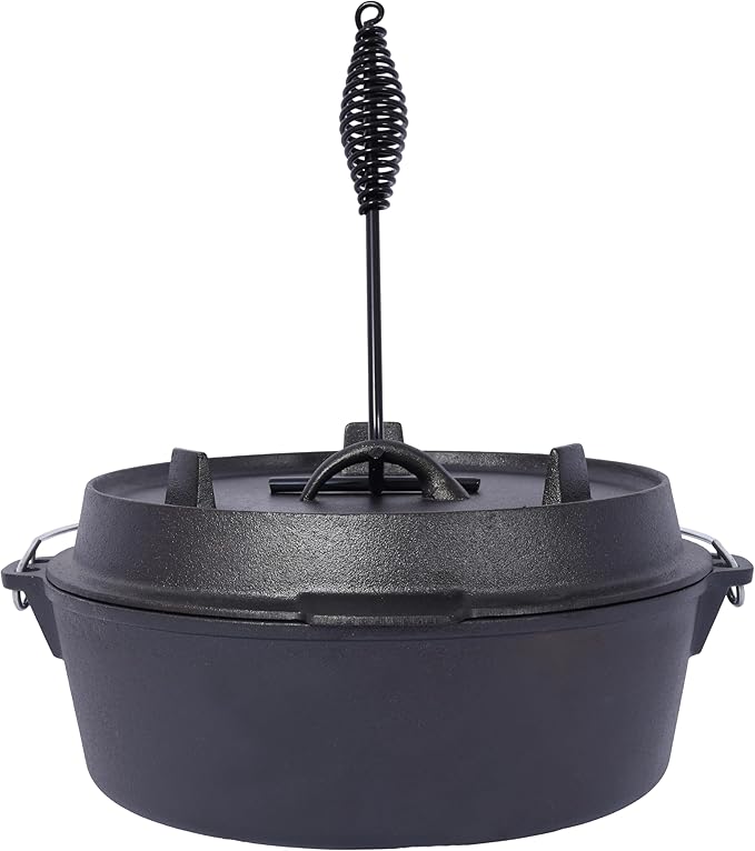 Pre-Seasoned Cast Iron Dutch Oven with Skillet Lid - 6 Quart Outdoor Camping Pot, Iron Pot Rack Included for Fireplace BBQ, Baking & Campfire Cooking