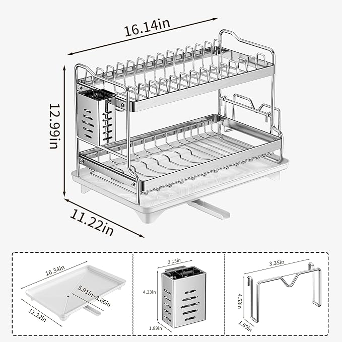 Dish Drying Rack, Double Layered countertop Kitchen Organizer with Drainage Large Bowl Rack and Storage Rack with Drainage Board