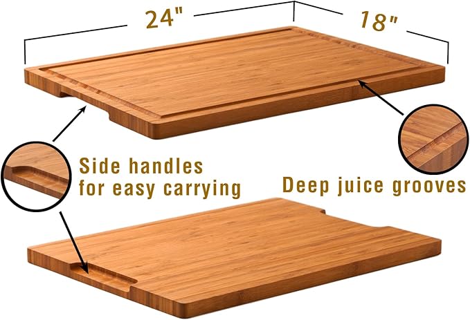 24"x18" Bamboo Cutting Boards, XXL Charcuterie Cheese Platter Serving Tray with Handles and Juice Grooves, Solid Structure, Slim, Durable, Reversible