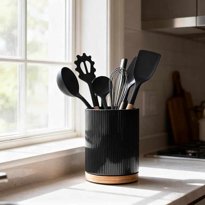 360° Rotating Kitchen Utensil Holder for Countertop, Large Ceramic Utensil Crock Organizer with Non-Scratch Cork Base, Farmhouse Black Cookware Storage Jar, Ideal Housewarming Gift & Christmas Gift