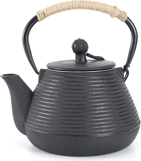 Cast Iron Teapot, 35oz Tea Kettle Stovetop Safe with Infuser for Loose Leaf, Japanese Tea Pot Coated with Enameled Interior, 1000ml Black