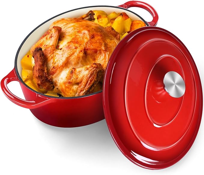 P&P CHEF Oval Dutch Oven with Lid, Enameled Cast Dutch Oven Pot for Bread Baking, Braising, Stewing, Roasting, Non-Stick & Oven Safe, Dual Handles & Easy Clean, 7QT & Red, Valentine's Day