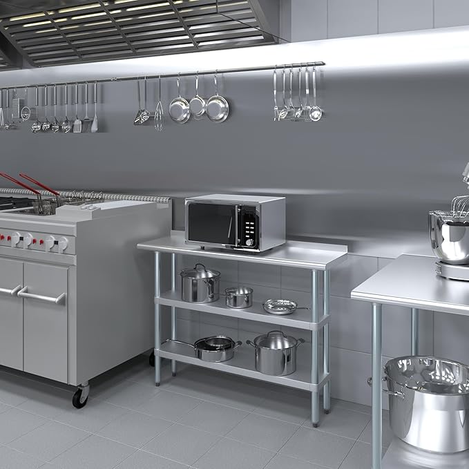 AmGood Stainless Steel Work Table with 1.5" Backsplash and 2 Shelves | Metal Kitchen Food Prep Table | NSF (48" Long x 14" Deep)