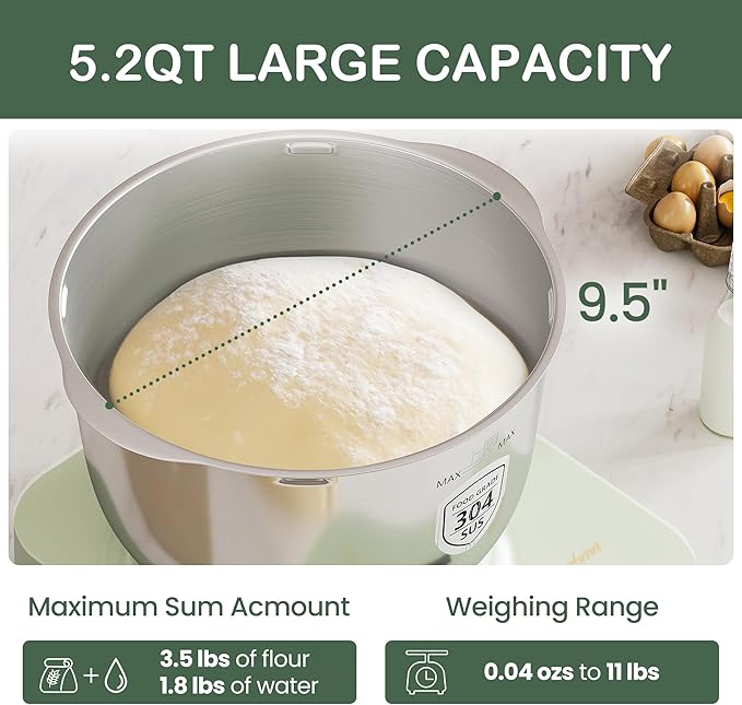 5.2QT Dough Maker with Weighting, Electric Dough Maker with Ferment Function, Face-up Touch Panel, 304 Stainless Steel, Green