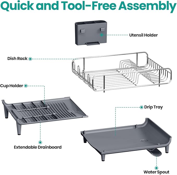 TOOLF Dish Drying Rack - Large Expandable Dish Rack for Kitchen Counter, Stainless Steel Dish Drainer for Kitchen Organization with Cutlery ＆ Cup Holder,Gray