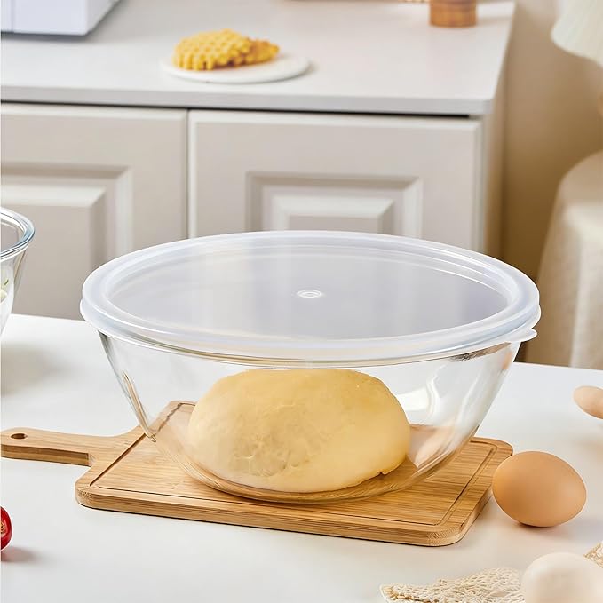 4.7QT Large Glass Mixing Bowl with Lid, Clear Glass Salad Cooking Bowls for Sourdough, Salad and Storage Prepping and Baking Food Storage Set