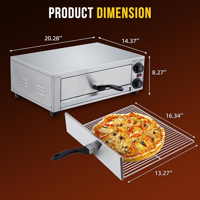 GarveeHome Electric Pizza Oven Indoor, 16 in Countertop Commercial Pizza Oven with Grilling Rack, Crumb Tray, Handle and Feet Pads, Stainless Steel Pizza Baking Machine for Home and Restaurant