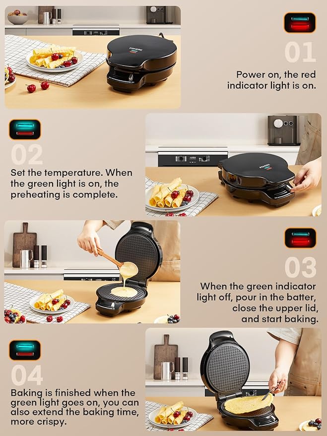 FOHERE Waffle Cone Maker Machine and Ice Cream Bowl Maker with Temperature Control, Double Side Nonstick Waffle Bowl Maker with Cone Roller, 7.5” Thin Waffle Maker for Home Kitchen (Black)