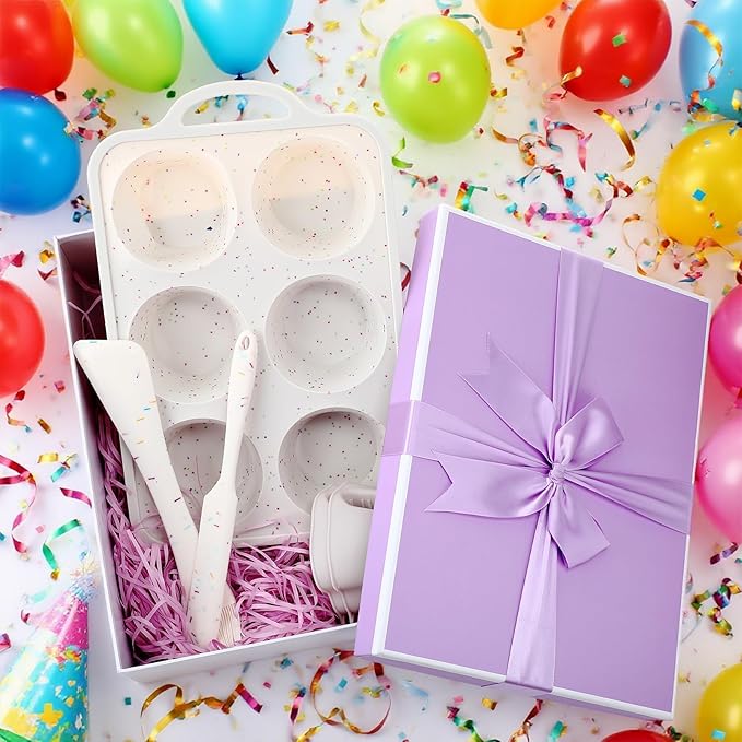 7 Pcs Silicone Baking Pan Set with 4 Molds (Loaf, Muffin, Mini Muffin, Round), Spatula, Dual-head Pastry Brush Oven Mitts Nonstick for Cupcakes Brownies Bread, Confetti Design