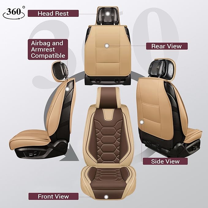 OASIS AUTO Car Seat Covers Front Seats, Sporty Honeycomb Waterproof Faux Leather Protectors, Universal Fit for SUV, Sedan, Truck Interior Accessories (OS-004 Coffee)