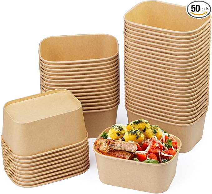 50 Pack 33 oz Paper Bowls, Disposable Food Containers with Lids, Rectangular Disposable Bowls, Disposable Salad Bowls with Lids for Diet Salad, Ice Cream, Yogurt, Party Food
