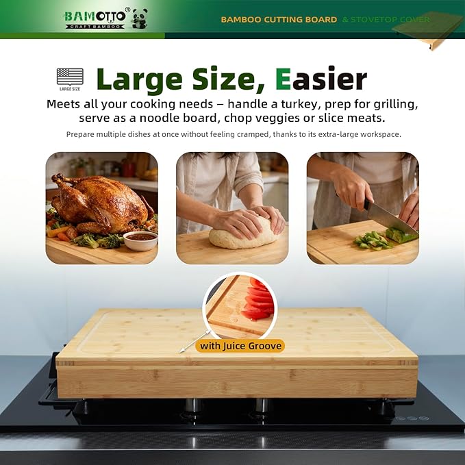 24 x 18 Inch Large Bamboo Cutting Board and Stovetop Cover, Over-the-Sink Board with Detachable Support Legs & Secure Front Lip, Carving and Pasta Board