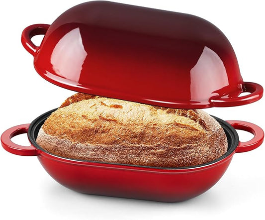 Onader Oval Dutch Oven for Bread Baking, 9x5-1/2 Inch Cast Iron Sourdough Bread Loaf Pan with Lid, Enameled Cast Iron Dutch Oven Pot, 2.8QT Meatloaf Pan, Heavy Duty - Red