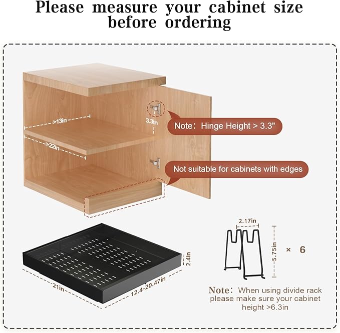 6 Pack Pull out Cabinet Organizer 21"Deep with Raising Pad for Framed Cabinets, Expandable Slide out Drawers for Kitchen Cabinets with 6pcs Divider Racks, Roll out Shelves 12.1"-20.4" W Black