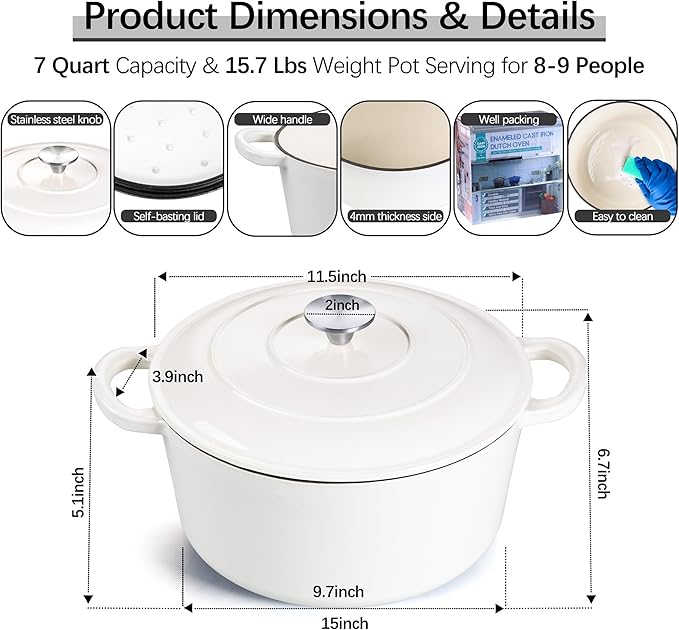 E-far 7QT Enameled Dutch Oven, Cast Iron Dutch Oven Pot with Lid for Cooking/Bread Baking/Braising/Roasting/Stewing, Heavy Duty Round Nonstick Cookware Safe for Induction & Oven - White