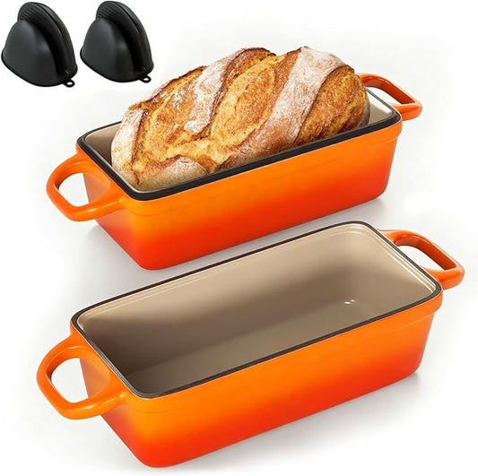 2 IN 1 Cast Iron Bread Loaf Pan with Lid, 3.4QT 9x5 Inch Dutch Oven for Bread Baking, Even Heating Bread Oven, Enameled Bread Pan for Homemade Sourdough Bread Baking & Versatile Cooking, Orange