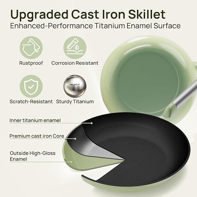 KOKHUB Upgraded 11 Inch Cast Iron Skillet, Titanium Enameled Nonstick Frying Pan, PFOA/PFAS-Free Cooking Pan, Dishwasher & Oven Safe Kitchen Cookware, Compatible with All Cooktops, Sage Green