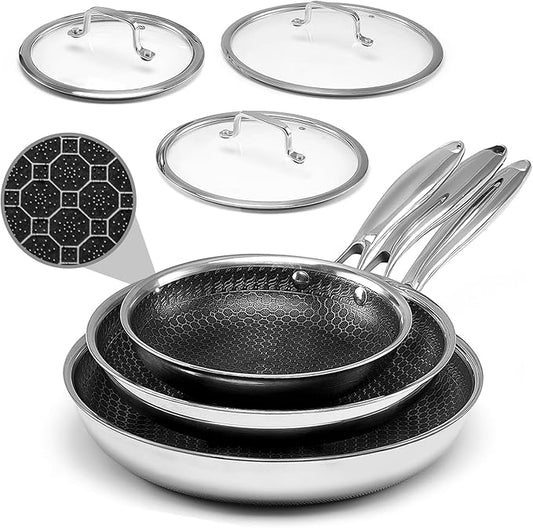 Nonstick Frying Pans with Lid,8/10/12 inch Stainless Steel Skillet Set with Honeycomb Surface, Induction Compatible, Oven & Dishwasher Safe, PFAS-Free Cookware Sets (Frying Pan 6PCS)