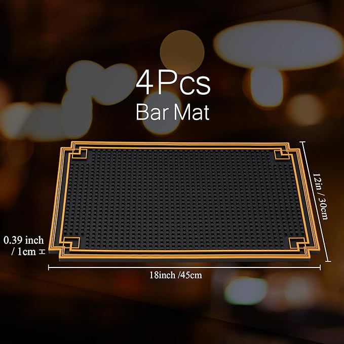 4 Pcs 18 x 12 Inch Bar Mat Non Slip Rubber Mat with Gold Border Durable Stylish Spill Cocktail Service Coffee Mats for Restaurants Barbershop Clippers Bartending, Black