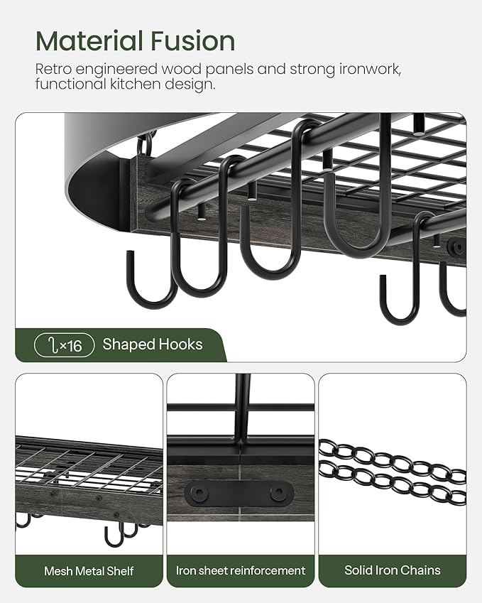 31.7-Inch Hanging Pot Rack, Space-Saving Pot Hanger for Kitchen, Ceiling Pan Hanging Rack with 16 Detachable S Hooks, Sturdy Metal Frame, Industrial Style, Charcoal Black and Black TPR09BC
