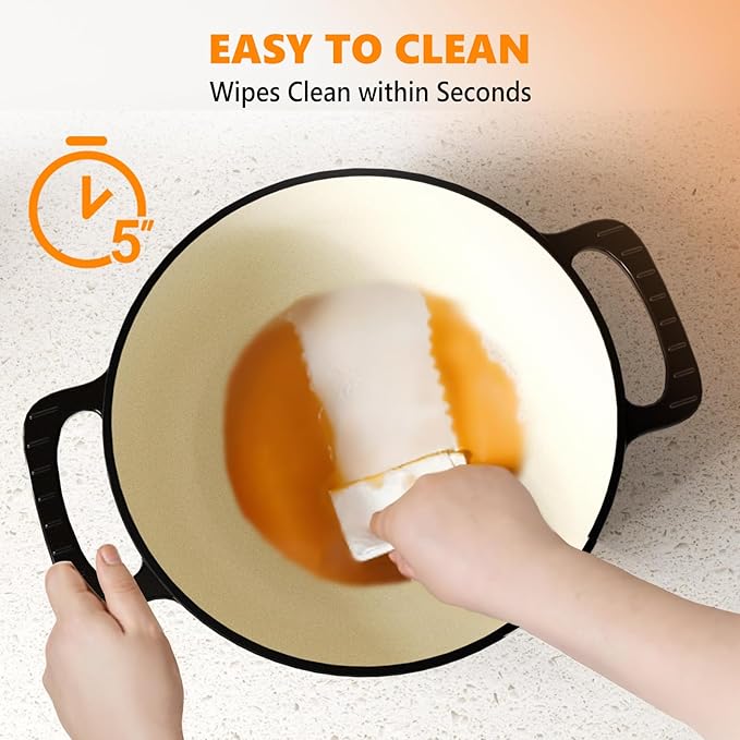 ROVSUN Enameled Cast Iron Round Dutch Oven, 6QT Pot with Lid &Dual Handles with Silicone Gloves,Oven Safe up to 500°F, Heavy-Duty Pre-Seasoned Cookware for Bread Baking, Braising, Stews, Roasting, Black
