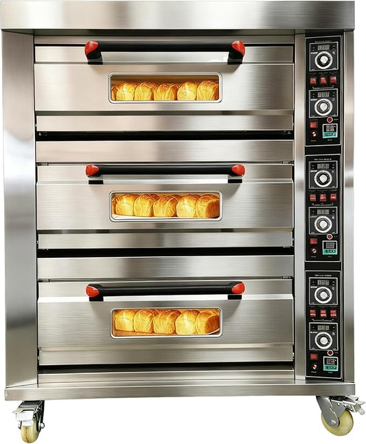Commercial Electric Pizza Oven 3 Layers Movable Large Triple Baking Oven 19.8KW, 6 Baking Sheets, 20℃-400℃ Stainless Steel,for Restaurants, Bakeries, Pizza, Bread, Meat 220V 3PH