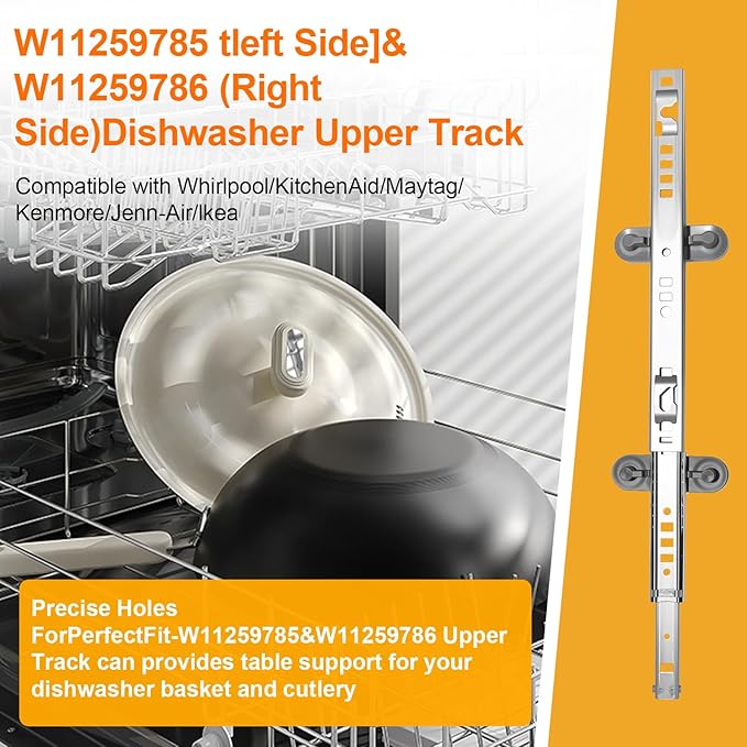 W11259785 W11259786 Dishwasher Rack Slide Track Replacement, Left & Right Dishwasher Upper Dishrack Slide Track Compatible with Whirlpool, KitchenAid, Kenmore, Maytag Dishwashers