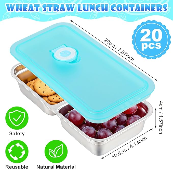 20 Pcs Stainless Steel Snack Containers 30 oz 2-compartment Meal Prep Containers Reusable Metal Divided Bento Box with Silicone Lids Leakproof Lunch Box Dishwasher Safe (Blue)