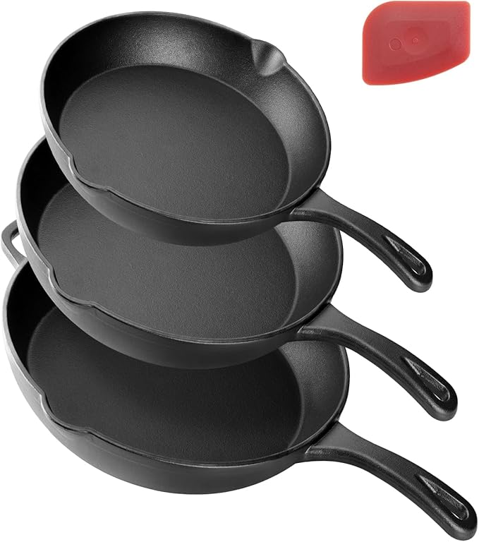 3-Piece Cast Iron Skillet Set (6” 8” 10”) – Pre-Seasoned Frying Pan Trio, Holiday Cooking Essentials, Versatile Oven Safe Cookware Set