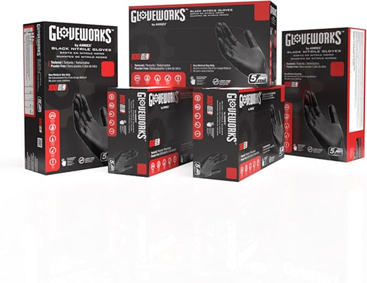 GLOVEWORKS Black Disposable Nitrile Industrial Gloves 5 Mil, Latex/Powder-Free, Food-Safe, Textured