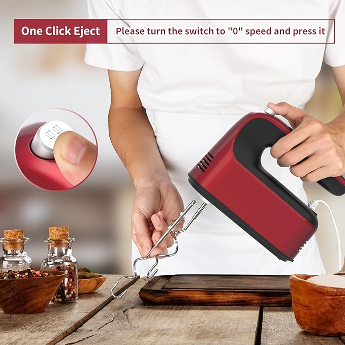 9-Speed Digital Hand Mixer Electric, 400W Powerful DC Motor, Hand Mixer Electric Handheld with Snap-On Storage Case, 5 Stainless Steel Accessories, Beaters, Dough Hooks, Whisk(Red)