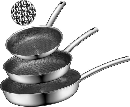 Hybrid Ceramic Frying Pan Set, Tri Ply Stainless Steel Pan (8+9.5+11 Inch), Induction Skillet, Oven Safe, Fast Heating, Ergonomic Handles, Suitable for All Stove, PFOA/PFOS/PTFE Free