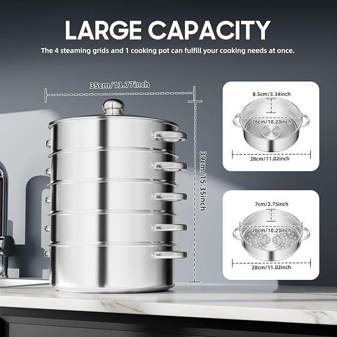 5-Tier Stainless Steel Steamer, Stainless Steel Steamer Basket Multi-Layer Cookware Steamer Pot Food Grade Steamer Pot with Glass Lid and Handles for Home Kitchen Restaurant Hotel (Silver A, 11inch)