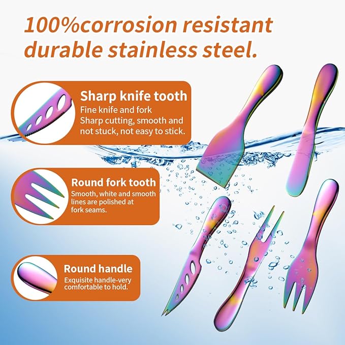 Rainbow Cheese Knives Set Stainless Steel Kitchenware Gadgets 7 Pieces include Colorful UtensilsCheese Knife,Cheese Spreader,Color Cheese Forks, Cheese Slicer,Cheese Cutter, Butter Knife